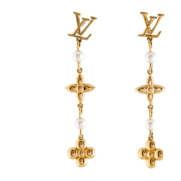 Louis Vuitton Metal Pearl Louisa Drop Earrings in gold-tone metal w/faux pearl - Picture 2 of 12